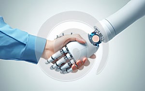 Human hand holding hands with robot, white background. Concept of cooperation between AI and humans