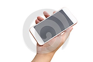 Human hand holding large screen mobile smart phone.