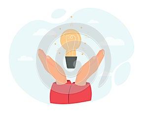 Human hand holding light bulb, finding ideas, solution or answer, startup, brainstorming, creativity concept