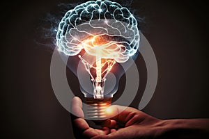 Human hand holding light bulb with glowing virtual brain