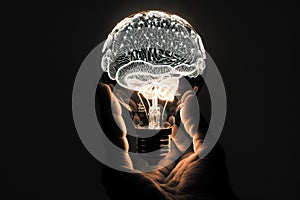 Human hand holding light bulb with glowing virtual brain