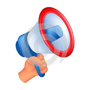 Human hand holding a loudspeaker. 3D cartoon vector illustration of a male hand with a megaphone isolated on a white background