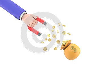 Human hand holding magnet with money bag and coins. Concept of attraction coins. Financial metaphor,