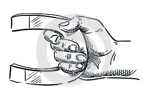 Human hand holding magnet. Vector hand drawn sketch illustration. Business, marketing attraction or science concept