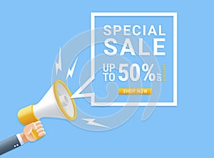 Human hand holding megaphone with bubble for special sale marketing concept