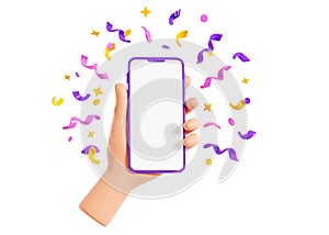 Human hand holding mobile phone with confetti 3d render.