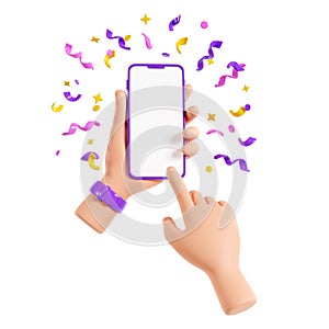 Human hand holding mobile phone with confetti 3d render.