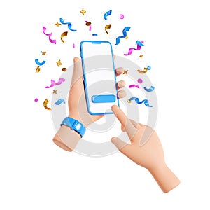 Human hand holding mobile phone with confetti 3d render.