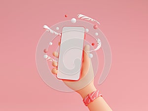 Human hand holding mobile phone with white empty screen 3d render illustration.