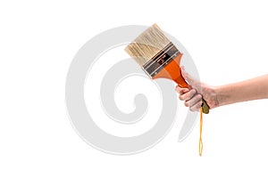 Human hand holding a paint brush isolated on white background
