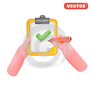 Human hand holding a pen, 3d icon in cartoon style on white background. Human with pen in hand, puts a green check mark. The