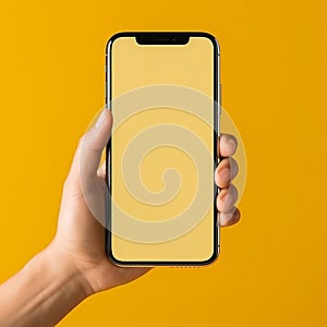 Human hand holding a phone on yellow background generative AI