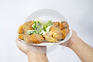 A human hand holding a plate with pecel ayam, fried tempe, and tofu photo