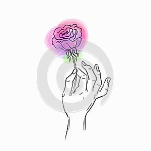 Human hand holding a rose. Black outline clip art. Ink tattoo sketch. Graphic element isolated on white background.
