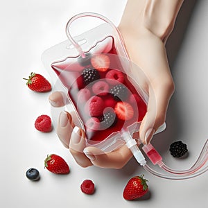 Human Hand Holding Saline Bag With Berry Slices Over White Background