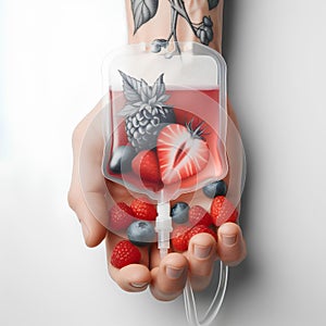 Human Hand Holding Saline Bag With Berry Slices Over White Background