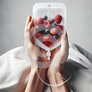 Human Hand Holding Saline Bag With Berry Slices Over White Background