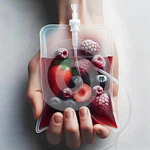 Human Hand Holding Saline Bag With Berry Slices Over White Background