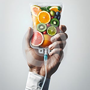 Human Hand Holding Saline Bag With Fruit Slices Over White Background