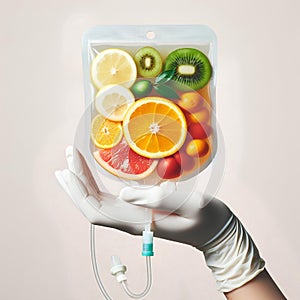 Human Hand Holding Saline Bag With Fruit Slices Over White Background