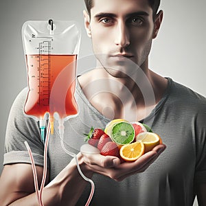 Human Hand Holding Saline Bag With Fruit Slices Over White Background