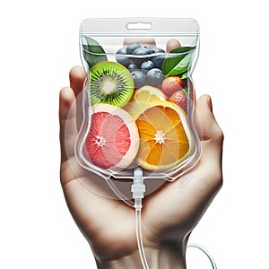 Human Hand Holding Saline Bag With Fruit Slices Over White Background