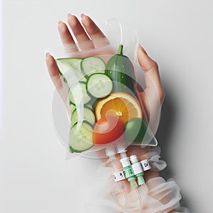 Human Hand Holding Saline Bag With Vegetable Slices Over White Background