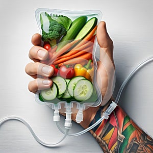 Human Hand Holding Saline Bag With Vegetable Slices Over White Background