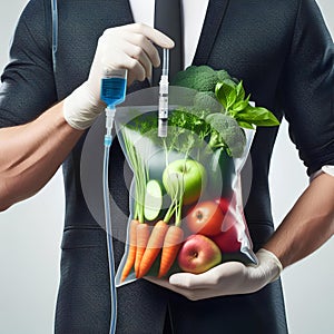 Human Hand Holding Saline Bag With Vegetable Slices Over White Background