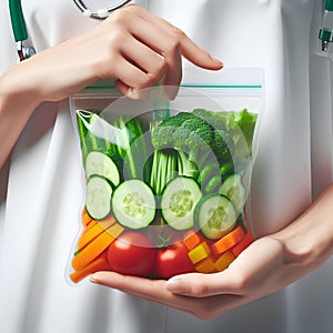 Human Hand Holding Saline Bag With Vegetable Slices Over White Background