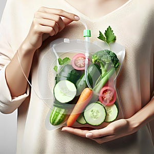 Human Hand Holding Saline Bag With Vegetable Slices Over White Background