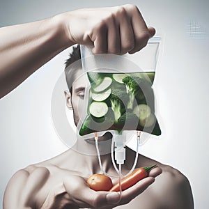 Human Hand Holding Saline Bag With Vegetable Slices Over White Background