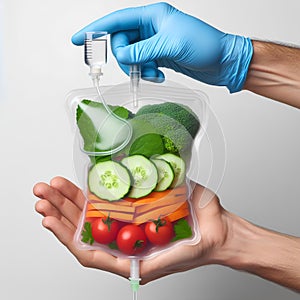 Human Hand Holding Saline Bag With Vegetable Slices Over White Background