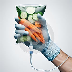Human Hand Holding Saline Bag With Vegetable Slices Over White Background