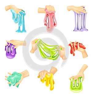 Human Hand Holding Slime as Viscous Colorful Toy Vector Set