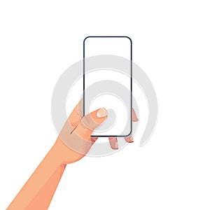 human hand holding smartphone with blank touch screen using mobile phone concept isolated