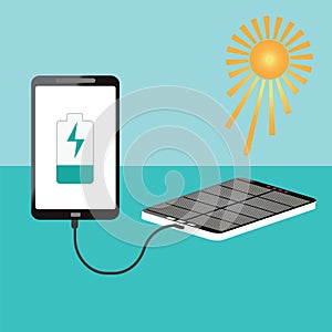 Human hand holding smartphone charging connect with solar powerbank.