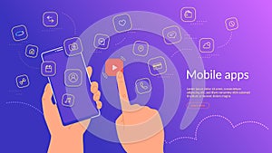 Human hand holding smartphone and choosing a mobile app icon for video streaming and hosting