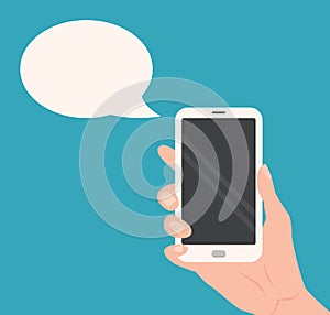 Human hand holding Smartphone with empty screen with speech bubble