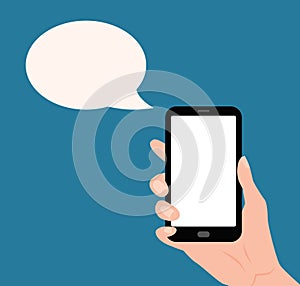 Human hand holding Smartphone with empty screen with speech bubble