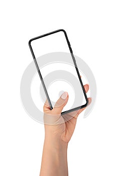 Human hand holding smartphone, finger touching blank screen on white background isolated close up, womans hand hold mobile phone