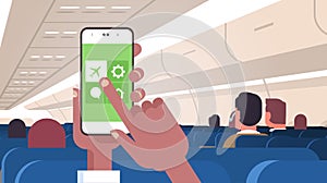 Human hand holding smartphone with flight mode rules of airplane safety concept modern plane board with passengers