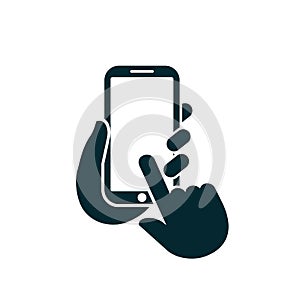 Human hand holding smartphone icon. Phone holding flat icon sign. Phone in hand and click finger - vector