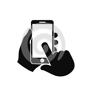 Human hand holding smartphone icon. Phone holding flat icon sign - vector photo