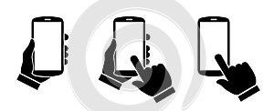 Human hand holding smartphone icon. Phone holding flat icon sign. Phone in hand and click finger sign - vector