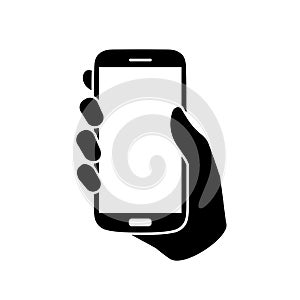 Human hand holding smartphone. Phone holding flat icon sign - vector