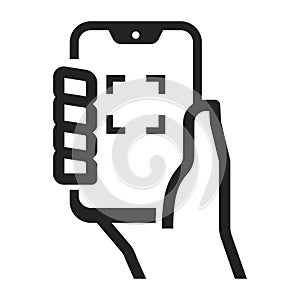 Human hand holding smartphone with screenshot photo camera viewfinder linear vector illustration photo