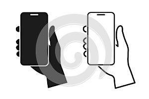 Human hand holding smartphone set icon. Phone holding flat icon sign. Human hands hold vertically mobile phone. Phone in hand sign