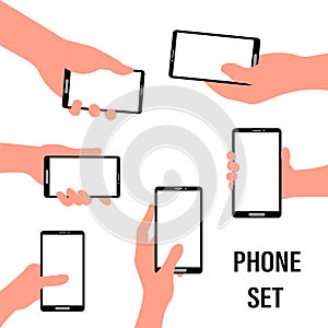 Human hand holding smartphone smart mobile phone flat vector illustration