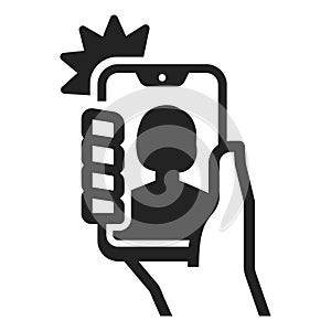 Human hand holding smartphone taking photo for selfie with flash line art icon vector illustration